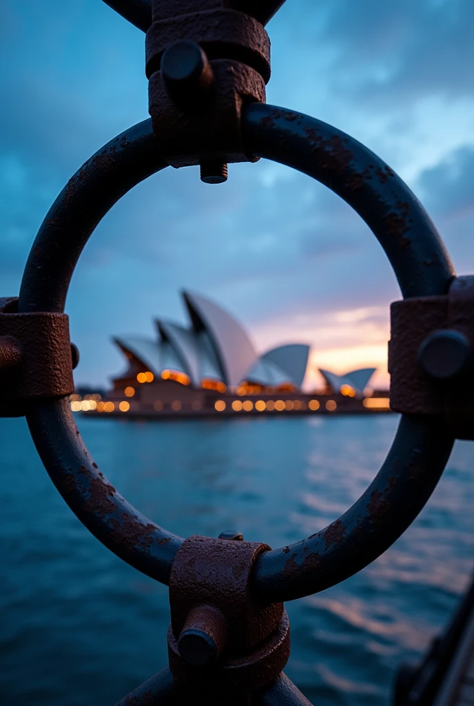 Create a photograph capturing a famous architectural landmark, such as the Sydney Opera House, through the circular metal frame of a waterfront railing. The shot should be taken at twilight, with the sky displaying shades of blue and orange as the sun sets. The metal frame should be in the foreground, slightly rusted, with bolts and bars radiating from its edges, creating a dynamic frame for the landmark in the background. The water should reflect the soft evening lights, adding a sense of calm and depth to the scene, while the landmark stands illuminated against the colorful sky."