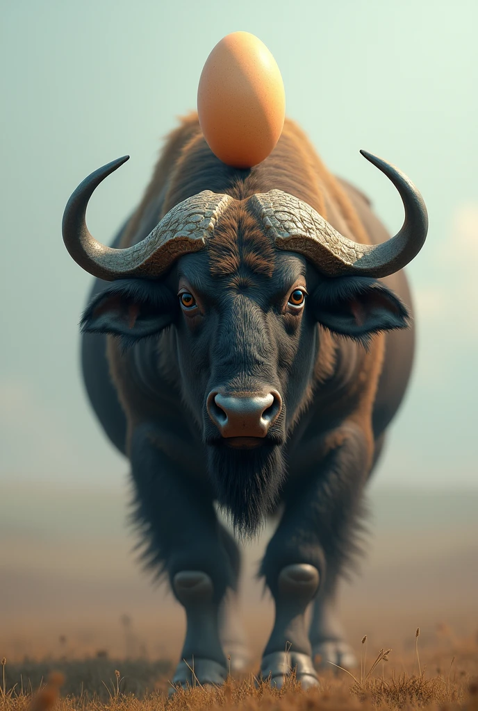 The egg is very much at the end of the buffalo&#39;s horn, not on top of the head