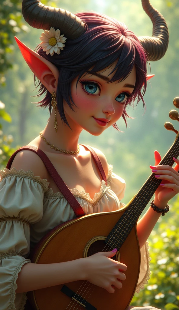 Satyr female from baldur's gate, best quality, ultra-detailed CG unity 8k wallpaper, playing a lute, high resolution, dynamic pose, beautiful face, (medieval bardic attire,white flower, hair ornament, blue eyes), depth of field, sunny plains, magic light), flirtatious smile, (high fantasy) (Maroon and black Hair, pixie cut hair)