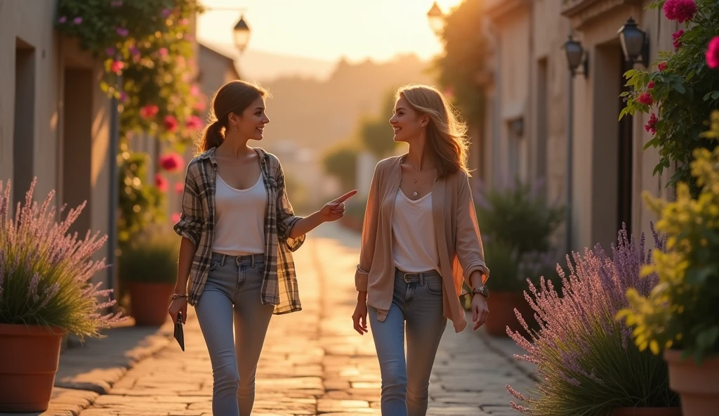 Two young women, one 25 and the other 30, are walking along a typical street in Provence, talking and smiling. One of them points to something just ahead. Bougainvilleas and lavenders planted in pots. Sunset behind. Style by David Hamilton.
