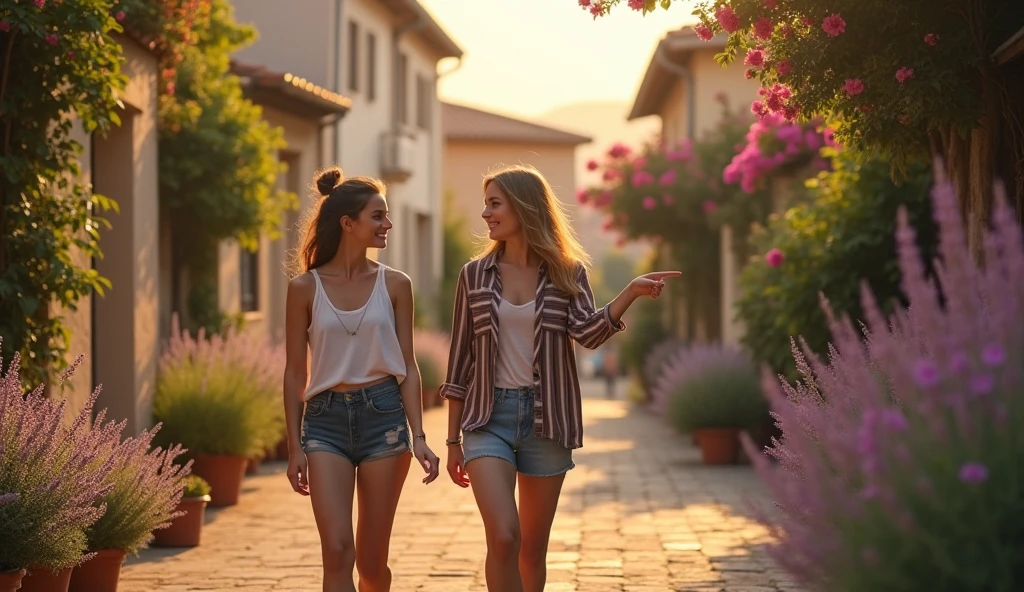 Two young women, one 25 and the other 30, are walking along a typical street in Provence, talking and smiling. One of them points to something just ahead. Bougainvilleas and lavenders planted in pots. Sunset behind. Style by David Hamilton.