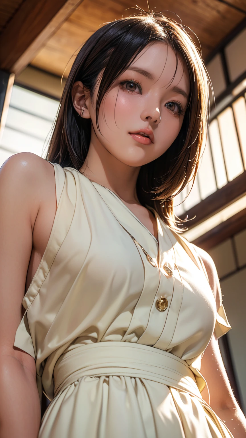 Realistic, masterpiece, Highest quality, Highest Resolution, High Detail, Soft Light, Professional Lighting, Backlight, Film Grain, The background is blurred, (Japanese high school girl, Height: 162cm, Small Tits), (The subject is a photograph of the upper body taken from below, Photographed from a slight angle:1.3), Walking, (I'm sweating a little, Hair is also wet with sweat), Laughing happily, Open your mouth, Beautiful and detailed eye drawing, Droopy eyes, Dark Eyes, Draw eyelashes carefully, Eyelash extensions, Gal Makeup, Orange Cheek, (White brown braids,Short Hair, middle part:1.3), (Hidden eyelid wrinkles:1.3), (Cool clothing:1.3), (Summer forest, Under the sun through the trees:1.3)