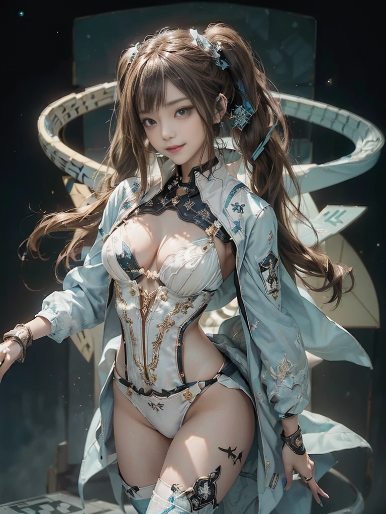 (Full Body View:1.2)、(Smiling with teeth showing:1.3),(Shibuya Gal:1.5)、(Goth Style Fashion:1.5)、(Stewardess Cosplay:1.5)、(Wearing a rhythmic gymnastics bodysuit with intricate details:1.4)、(Cloak de cour with delicate decorations in white, denim and turquoise:1.5)、(Denim with turquoise and white boots:1.3)、((belt))、(Numerous delicate logo marks all over the costume:1.4)、(Denim collar:1.3)、(Striped underwear:1.5)、30 years old、NSFW、((Highest quality、In 8K、masterpiece:1.3))、Sharp focus:1.2、(Layered Cut、Beautiful boobs:1.1),Beautiful woman with perfect figure:1.4、(Sexy gravure pose:1.3)、Slender Abs:1.2、Highly detailed face and skin texture、Detailed eyes、double eyelid,(Twin tails:1.3)、(Brown-golden hair:1.3)、Gravure idol、(The background is a fantastical, Tetris-like space.:1.3)、(Slim Body:1.3),(Make your legs thinner:1.4),(clavicle:1.1)、(Thin thighs:1.2)
