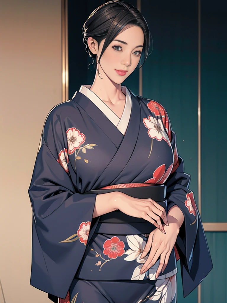 (masterpiece:1.2),(Highest quality),(Super detailed),(High resolution),8k,wallpaper,(An illustration),1 girl,,A woman is standing,Thick thighs,front,look at me,((smile)),Beautiful kimono,(((Intricate designs and patterns inspired by Asian art))),(((Hand,detailed,perfect.perfection,hands))),((Beautiful female hands,Detailed hands)),(Random pose)