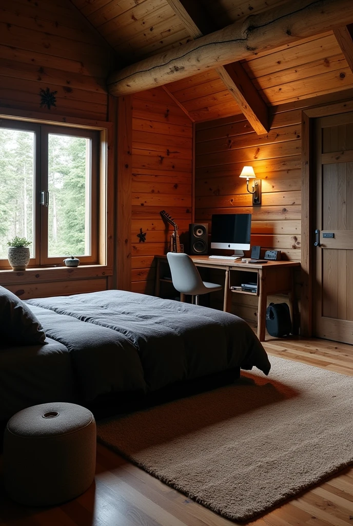 Make a plan of a room in which there is a black and gray bed., cabin type, Under the cabin there is a desk with a computer and a chair, a table and that in the room, There is a recording studio next door, that has a microphone, a plan, speakers