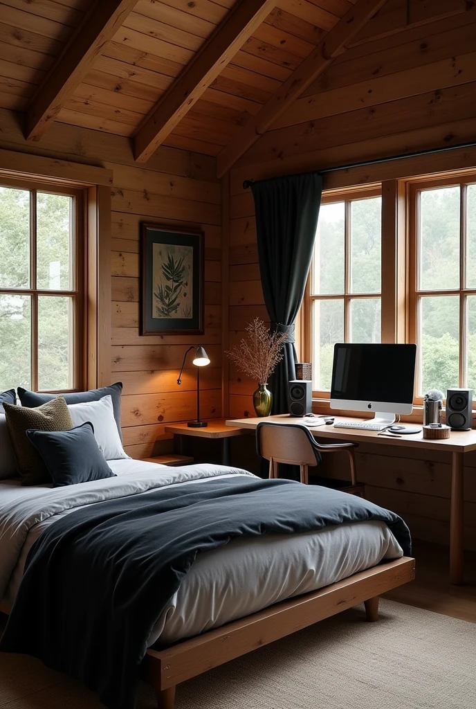 Make a plan of a room in which there is a black and gray bed., cabin type, Under the cabin there is a desk with a computer and a chair, a table and that in the room, There is a recording studio next door, that has a microphone, a plan, speakers