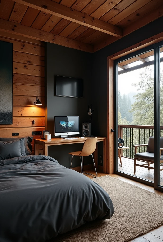 Make a plan of a room in which there is a black and gray bed., cabin type, Under the cabin there is a desk with a computer and a chair, a table and that in the room, There is a recording studio next door, that has a microphone, a plan, speakers