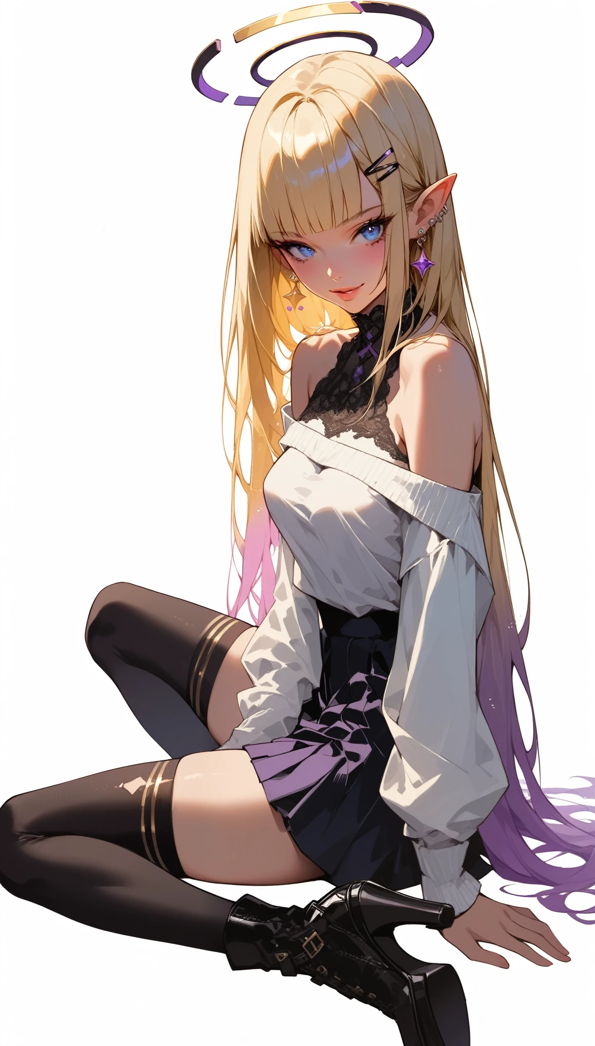 sinozick style
(score_9,score_8,score_7_up,score_6_up),score_8,score_7_up,(score_6_up:1.3),(score_5_up:1.1)
1girl,solo,long hair,high heels,blue eyes,bangs,skirt,thighhighs,looking at viewer,earrings,jewelry,bare shoulders,blonde hair,boots,black footwear,shirt,high heel boots,white shirt,off shoulder,full body,black skirt,long sleeves,blunt bangs,very long hair,black thighhighs,off-shoulder shirt,hair ornament,puffy sleeves,thighs,sitting,miniskirt,light particles,sidelocks,gradient hair,breasts,shiny,multicolored hair,simple background,top light
hair_ornament hairclip halo indoors leaning_forward looking_at_viewer meme mole mole_under_eye naughty_face no_pants novelty_censor off_shoulder parted_lips pointy_ears pov print_shirt purple_eyes purple_hair scene_reference shirt short_hair single_bare_shoulder small_breasts smile socks spread_legs straddling subtitled v-shaped_eyebrows virtual_youtuber white_socks you're_finally_awake_(meme)