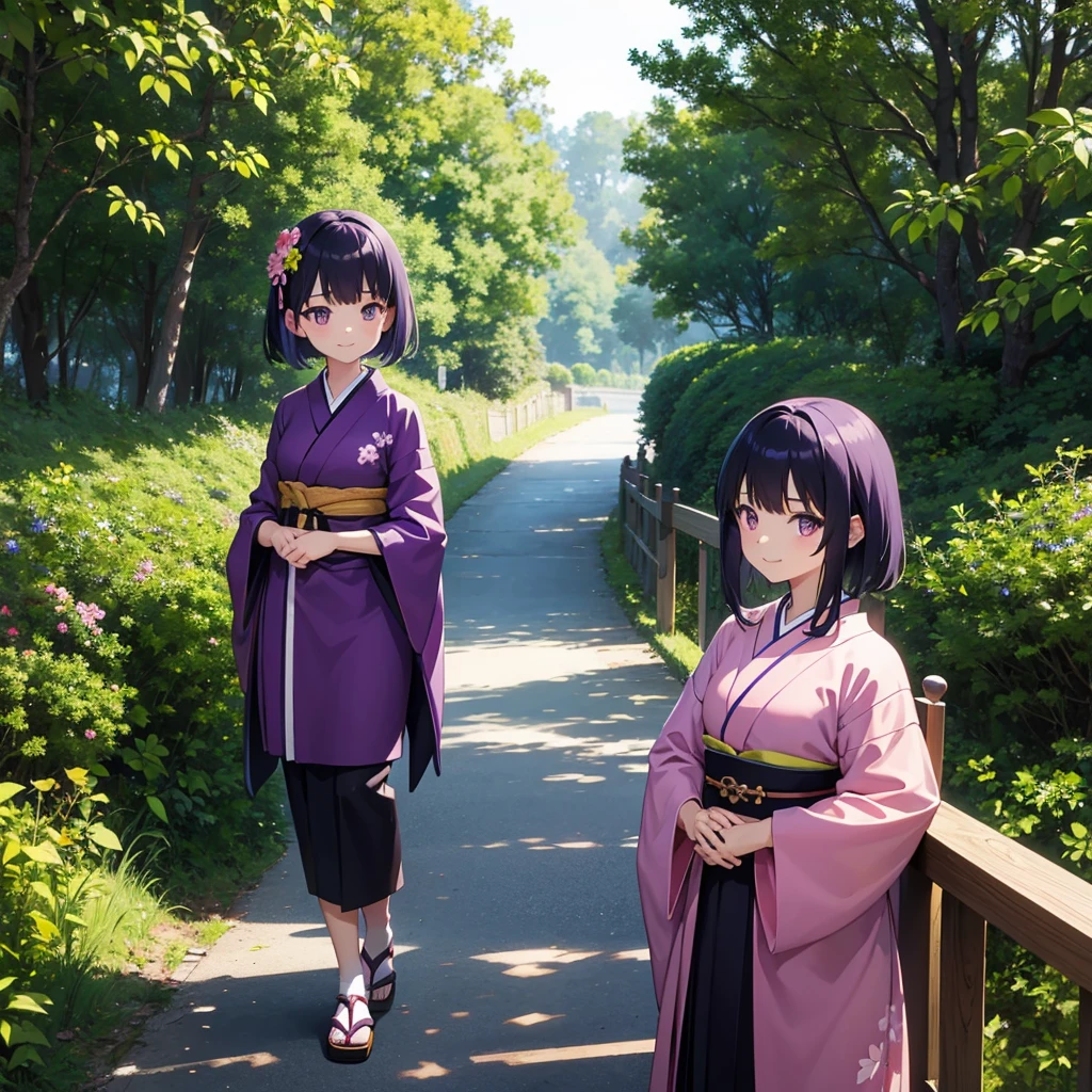 anime cloth capture, forst,pathway,
1 girl, standing alone, shorth hair,Japanese clothing,she has a short smile,purples eyes,a flower in the hair