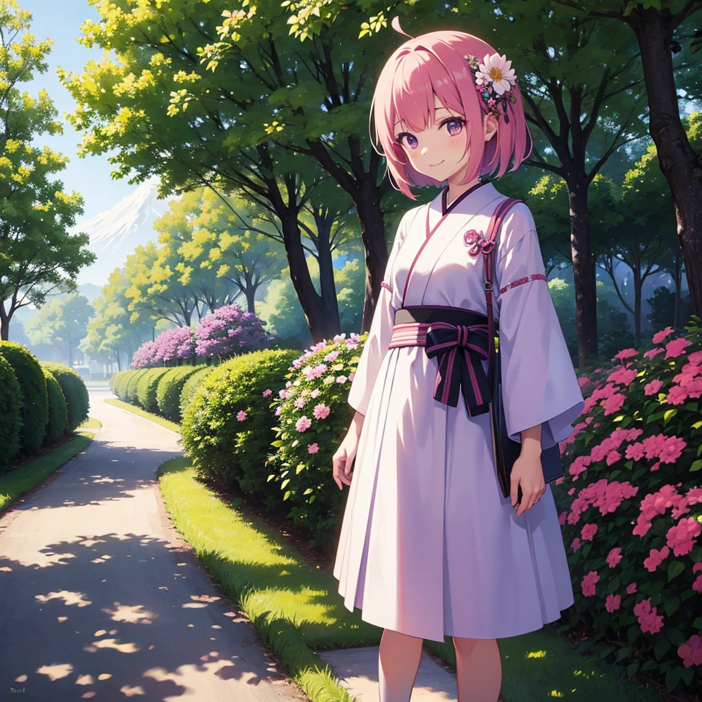 anime cloth capture, forst,pathway,
1 girl, standing alone, shorth hair,Japanese clothing,she has a short smile,purples eyes,a flower in the hair
