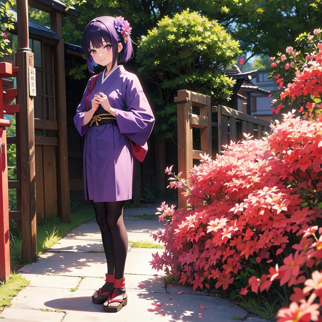 anime cloth capture, forst,pathway,
1 girl, standing alone, shorth hair,Japanese clothing,she has a short smile,purples eyes,a flower in the hair