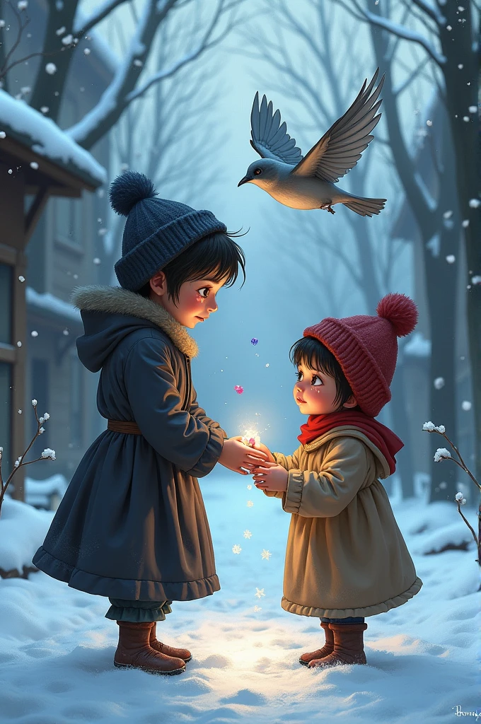 The Third Act of Charity • Extended Description: The Happy Prince, seeing a  selling matches on the street, She asks the sparrow to take away her other sapphire eye and give it to her.. The girl está descalza en la nieve, with hands red and cracked by the cold. He has lost all his matches in the snow and is afraid to return home., because her father will beat her for not having sold anything. Her face is covered in frozen tears and her expression is one of despair.. the sparrow, with great sadness for leaving the prince blind, He flies towards the girl and drops the sapphire into her hands.. The girl, seeing the precious sapphire, feels a mixture of wonder and relief. He knows that now he will be able to take something valuable home., and his heart is filled with hope.