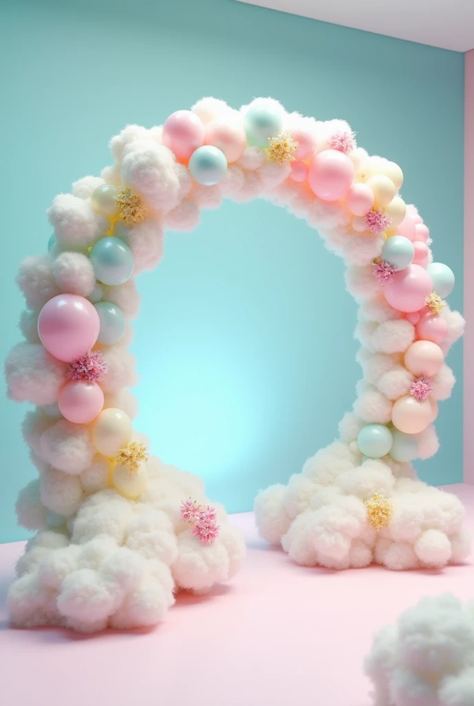of decorate hall with cotton on wall of white and sky blue color and a circular arch whose one half cover with ballon and another half 
of the circula  decor with cotton  of white color and some flowers
