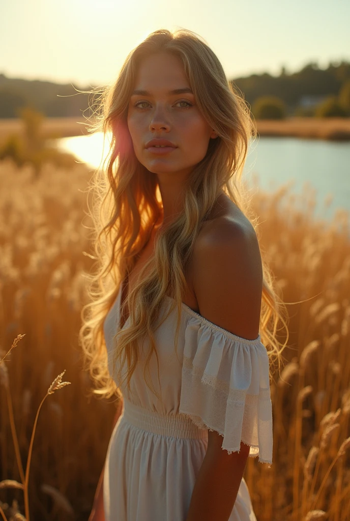 Aerial Photography，Big scene，Full length portrait of a lovely woman in a bright windy field,She stands far away， river, (Backlight), Practical, masterpiece, best quality, lens flare, In the shade, bloom, [[Chromatic Aberration]], author：Jeremy Lipking, author Antonio J. Manzanedo, number, Style-GlassFinal, Natural skin texture