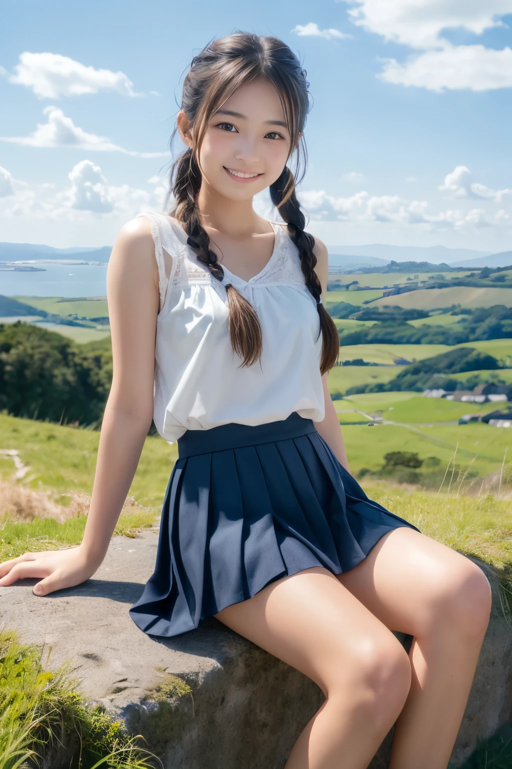 1 young girl,very cute and beautiful japanese teen actress,highly detailed beautiful face,twin braid,
white camisole,looking at viewer,smile,happy,sitting,pleated navy blue mini skirt,solo,
countryside,hilltop,grassland,distant ocean background,beautiful summer sky,real person,photorealistic,8k,raw photo,