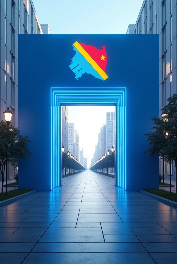 Une grande porte carrée futuriste ouvrant à une ville avec emblème DR CONGO, porte peinte en bleu, avec une mention DR Congo, boulevard en goudron au milieu, avec des éclairages public des côtés,