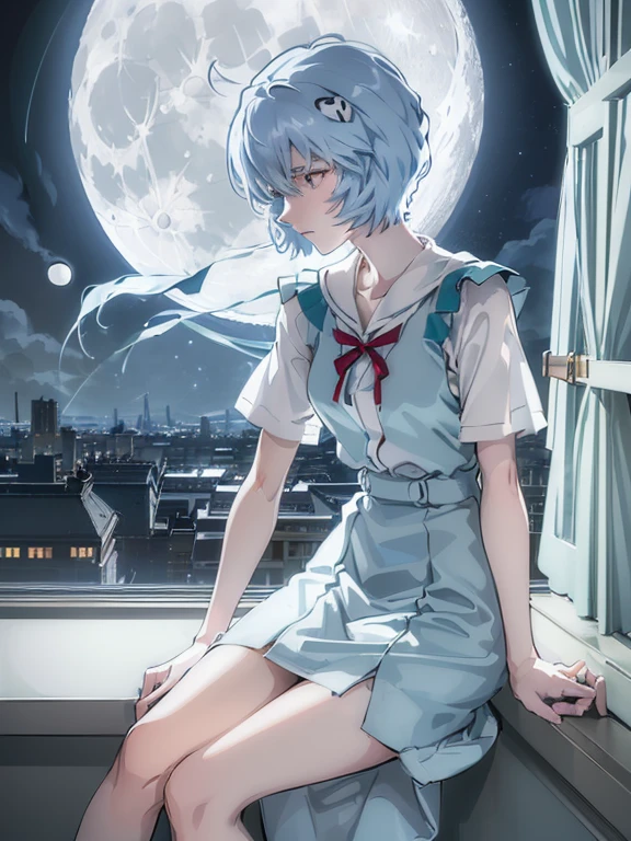 ultra-detailed, illustration, Beautiful Face, Beautiful body, (Rei Ayanami), Bluish silver hair, Silky short hair, (((One hand on cheek, Large windows, Open window, Leaning on the window frame, One foot on the window sill))), (Leaning forward), Tokyo-3 middle school uniform, black socks, ((Moon Background, The moon looks big:1.3, Gazing at the Moon:1.3)), ((Night:1.3)), View from inside the Hospital room, The lace curtains are swaying in the wind, Slightly slim body, face in profile, ephemeral Expression, extremely detailed eyes and face, photo with an 85mm camera, Natural moonlight, ((masterpiece, best quality, high resolution))