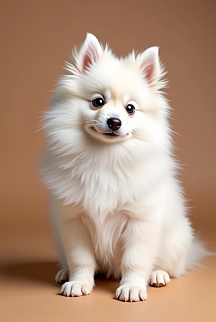 a small white hairy German spitz, slightly puppy, he has thin and small paws, sitting forward, looking slightly to the side, isolated on a brown background