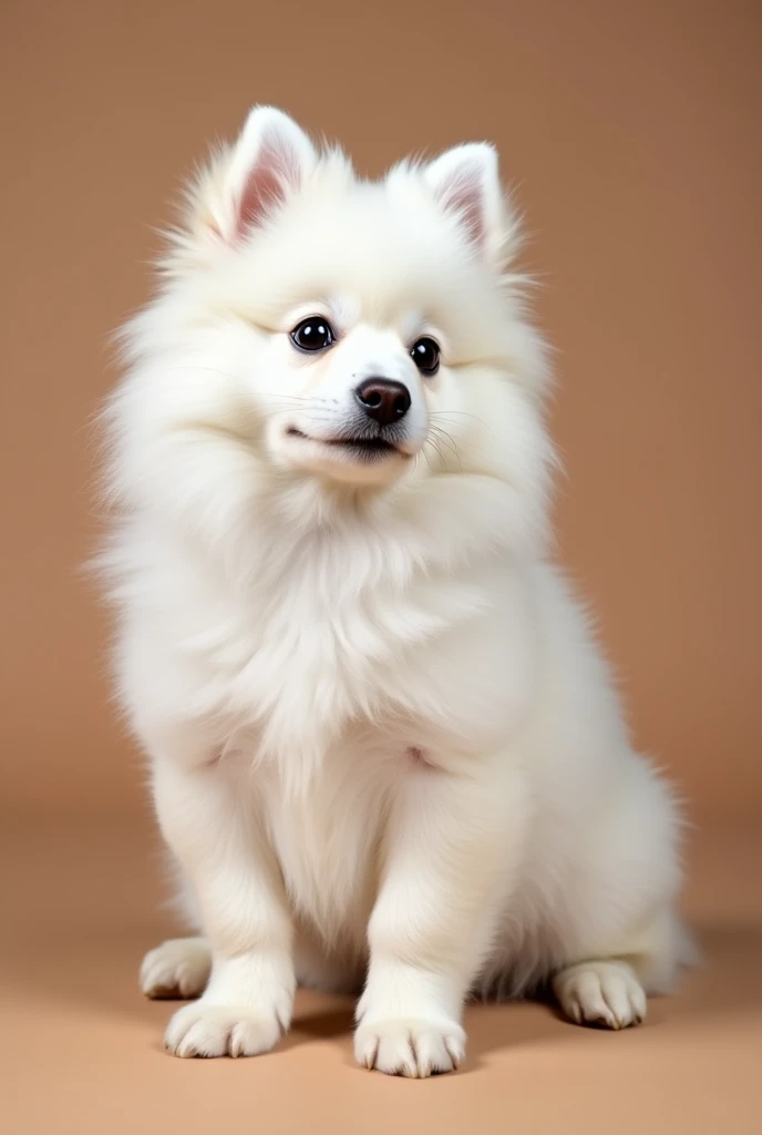 a small white hairy German spitz, slightly puppy, he has thin and small paws, sitting forward, looking slightly to the side, isolated on a brown background