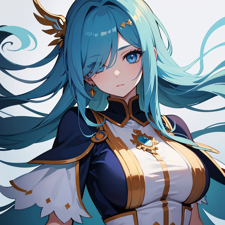 best qualityer, 1 , longye hair, hair over one eye, floating hair, aretes, breastsout, make-up, blue colored eyes, simple background, jewel, anime styling,