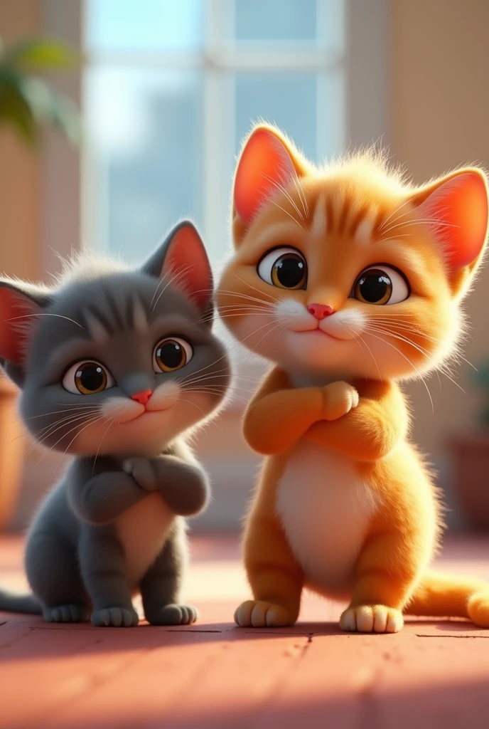 Pixar "AI-style kittens designed in animation style like、In a bright and dynamic setting、Depicted with an unusually muscular physique。 The kitten's body is firm and toned、The muscles are prominent、This is a stark contrast to the typical cute and small appearance.。 Contrary to his muscular physique、The kitten has large, expressive eyes.、He has a playful and slightly mischievous look on his face.。 The visual style combines smooth textures and vibrant colors.、It combines the cuteness of a kitten with the unexpected strength of a muscular body.、The effect is charming and humorous.。"