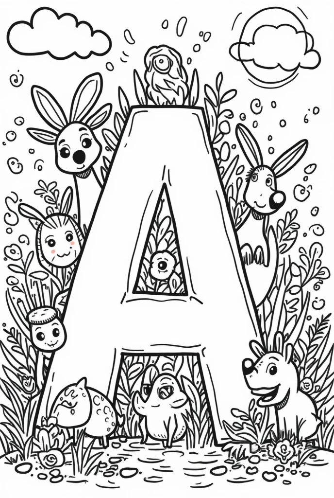 create a drawing to color with the letter A and the animals that start with that letter
