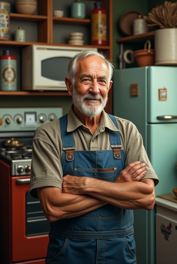 Home appliance repair ad, and some background images like a stove, fridge, microwave and washing machine older man