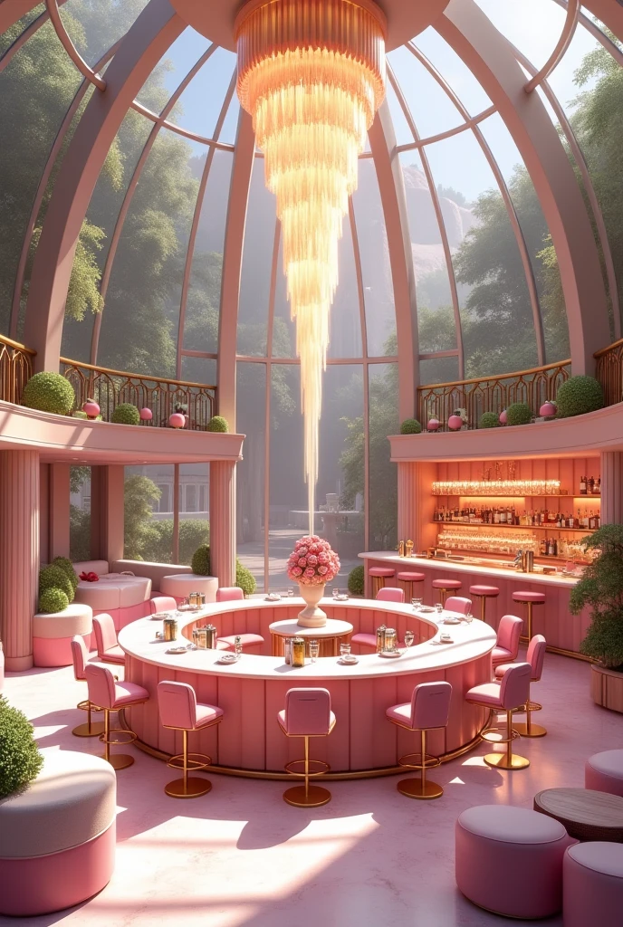 a large cozy bar made upof glass domed and a circular counter with bar chairs in pink color, and on the side a set of sofa of white color with tables are located and a long big chandelier