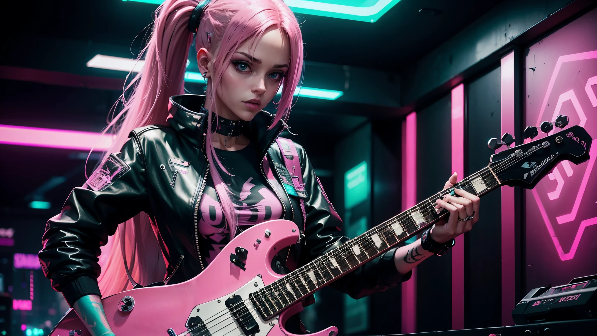 full body portrait, beautiful woman, cyberpunk style, long pink hair, playing a cyberpunk styled guitar, in a cyberpunk club, smoky atmosphere, neon lighting, dramatic, masterpiece, 4k definition, high detail, nior cyber