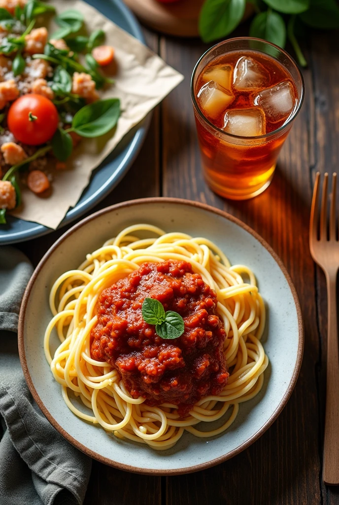 Instagram style、Angle of view from above、Spaghetti with meat sauce and iced tea are placed on a wooden desk、Ultra HD
