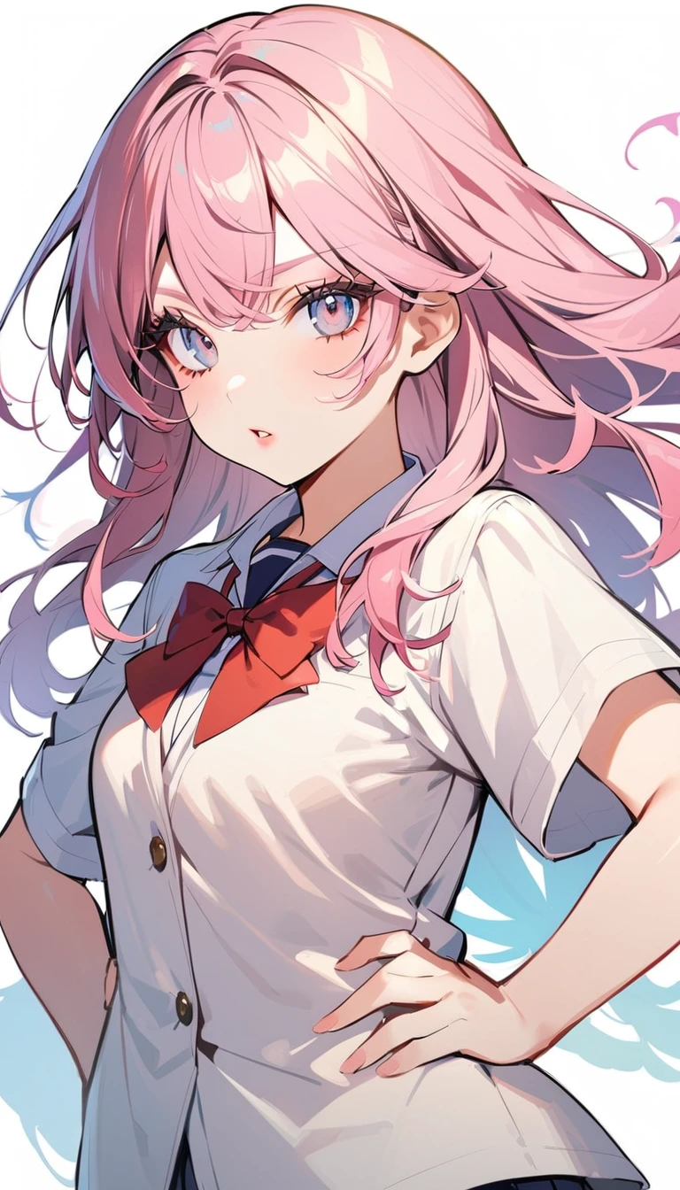 1woman, solo, pink hair, gray eyes, detailed eyes, eyelashes, light lips, 25years old, school uniform, (hand on hip:1.3), looking at viewer, open mouth