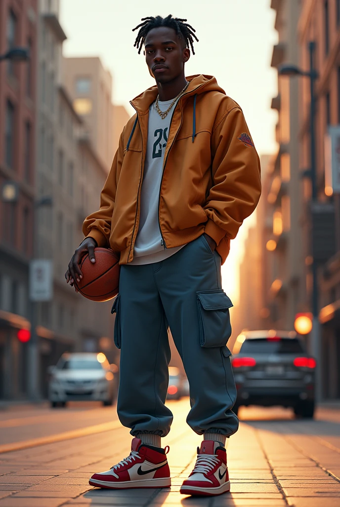 Create a black character in 2000s clothes who likes boombap, with nagô braid, Jordan on his feet and he likes basketball