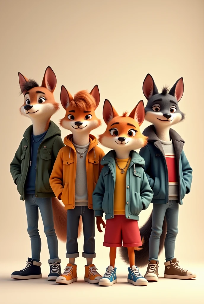 Four fashionably dressed teenage animals 3 males and 1 female animated facing front