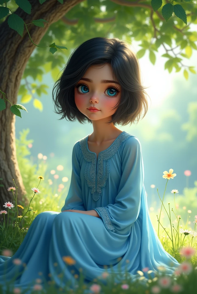 A Pakistani girl in long dress dress color sky blue her blue eyes and short hair she sits down under the tree