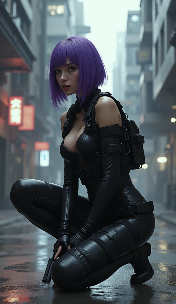 (masterpiece,Distinguished Quality,Mirror-like,Cinematic Experience,insanely detailed,absurdres),8k,wallpaper,,(Best illustrations:2.0),(One Woman:2.0),(kitana:2.0),(Ghost in the Shell-style worldview:2.0),(Black tactical bodysuit:2.0),(Heavy black bulletproof vest:2.0),(Black gloves:2.0),(Short Bob:2.0),(Beautiful Eyes),(Detailed face),(Detailed female hand drawing:2.0),(sexly:2.0),(He kneels down and aims a pistol at me.:2.0),(Raise your right knee:2.0),(The background is Tokyo, where science and technology have developed.:2.0),(The background is drawn in monochrome:2.0),(sf:2.0)、A black suit that shows off your body lines、(Cleavage 1.4), (huge breasts 1.4)、Her hair is purple,Suzu Hirose、Beautiful 2 woman