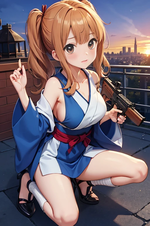 Highest quality、Ultra HD、One Woman、(Brown Long Hair 1.3)、(Red One Piece 1.3)、(White Heels 1.1)、(Black Knee High Socks 1.2)、((Shoot a gun 1.2))、(Red Ribbon 1.2)、(Beautiful face like a Japanese actress 1.2)、Adult women、Slender body、((Large Breasts))、(Sunset city background 1.2)、((Clear and beautiful touch))