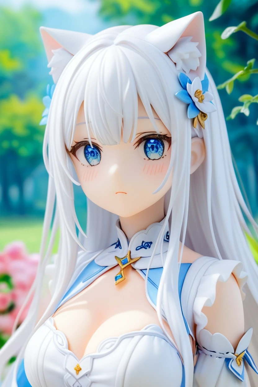 cat girl, silver hair ,blue eyes, medium breast, solo, beautiful detailed background, messy hair, long hair, nude,blue capelet, garden, nipples, potted plant, cat ears, cat tail, animal ear fluff, upper body,breasts,uncensored