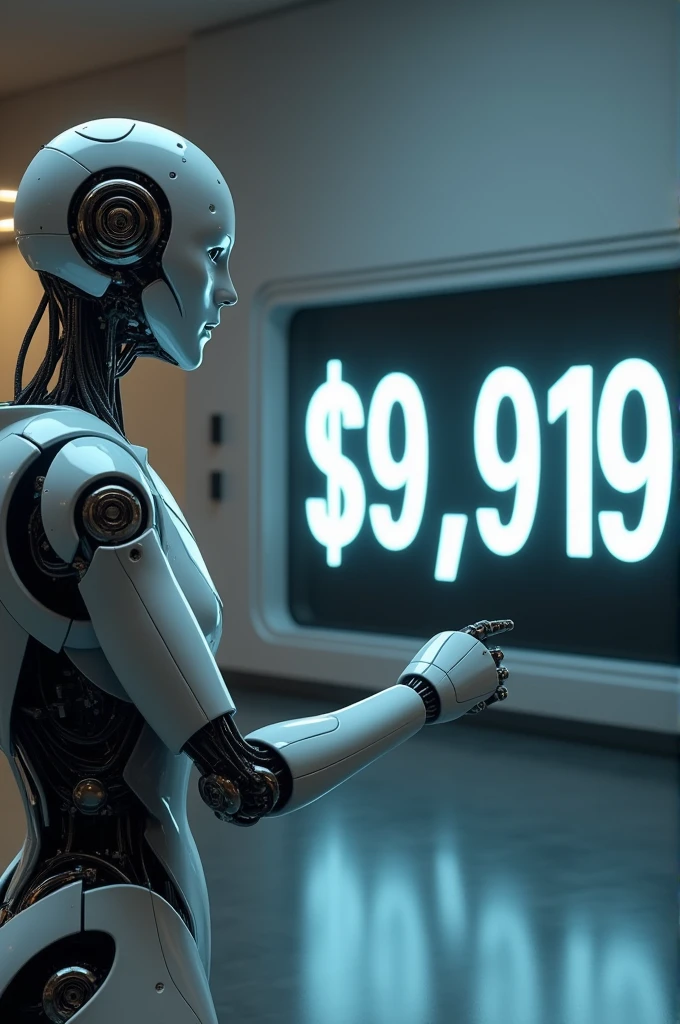 A robot pointing at a sign with a very expensive number