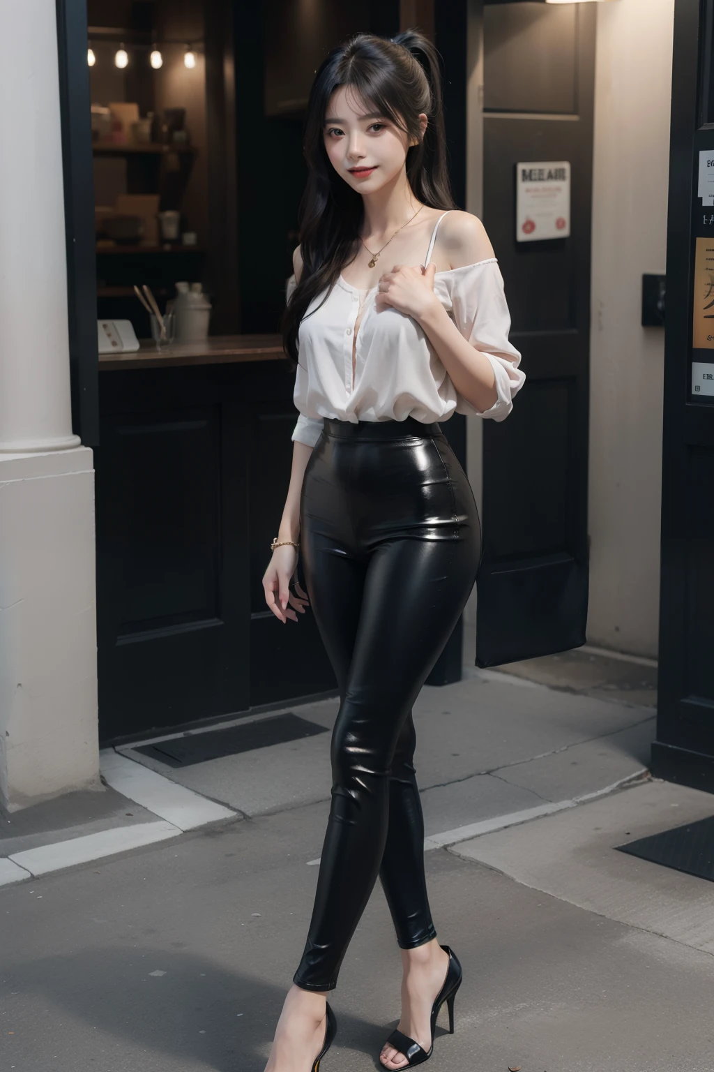 A digital illustration in anime style of a girl standing straight with smile on streets. She has long black hair styled in a ponytail and blue eyes. She is wearing a satin blouse, a black leather leggings, black high heels, and a delicate necklace. The girl should be looking directly at the camera, with her full body visible, including her high heels. The illustration should be ultra-realistic and high resolution (8K), with a clear and sharp depiction. The image should capture the girl's dynamic pose and stylish outfit, with an exquisite and beautifully detailed presentation.