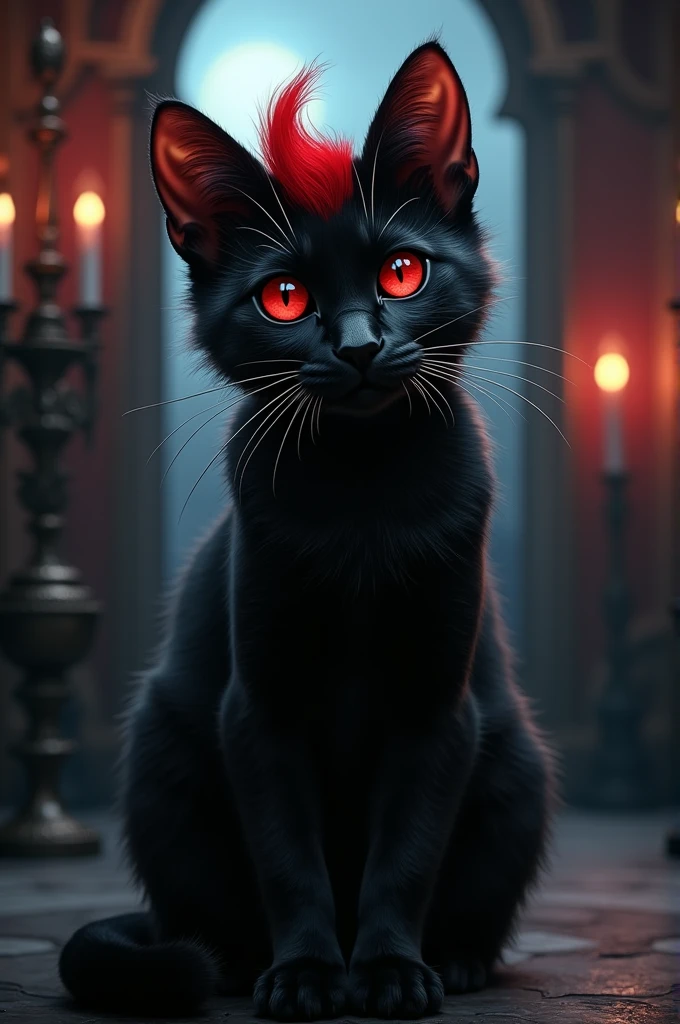 A gothic cat with red mullet hair
