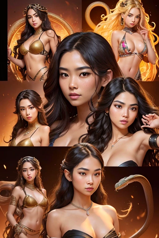 A young 15- yr Medusa's girl with Asian face features, charming face, perfect fullbody details, having large many snake pet, with a snake skin, body and hairs, (wavy hairstyles brown king cobra colors), ( having a dark skin tone texture masterpiece ), ( with many different poses, illuminating background Lights, crystalized glowing radiance all over, Large breasts, Covering Ears, Blush, Smile, Expressions, Nervous Smile, Crazy, Amber Eyes, Oral Invitation, Very Long Hair, brown king cobra Hair, Floating Hair, Wavy Hair, Tentacle Hair, Multiple Views, Tachi-e, Isometric View, Rotational Symmetry, Reference Sheet, Perspective, Collage, Fujifilm, Mole Under Mouth, Snake Hair Ornament, Bandage On, Hyperrealism, Cinematography, Jewelry, Masterpiece, Solo, Three Sided View, Character Sheet Full-Length, F/16, Social Media Composition,