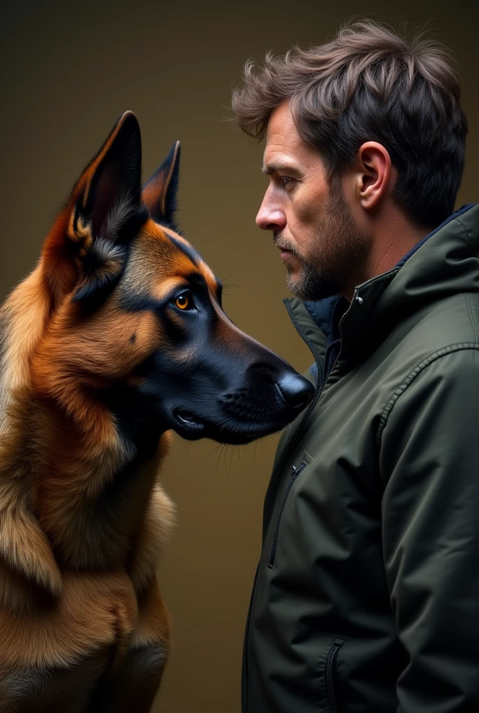 A man with a German shepherd dog, detailed portrait, studio lighting, professional photography, beautiful detailed eyes, beautiful detailed lips, extremely detailed face and fur, photorealistic, cinematic lighting, dramatic composition, vivid colors, golden hour, depth of field, intricate details, high resolution, best quality