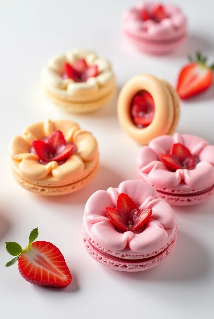 Flower-shaped macarons filled with cream and strawberries