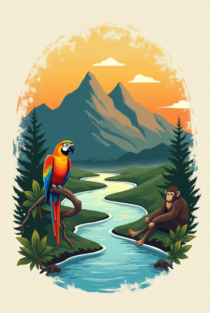 Create a logo for a company with the following characteristics: LETTERS
"COMMUNAL ACTION BOARD PERICO AGUAO VEREDA" Image with the two peaks of the Sierra Nevada de Santa Marta, laguna, with river towards the sea, Guacamaya and monkey
