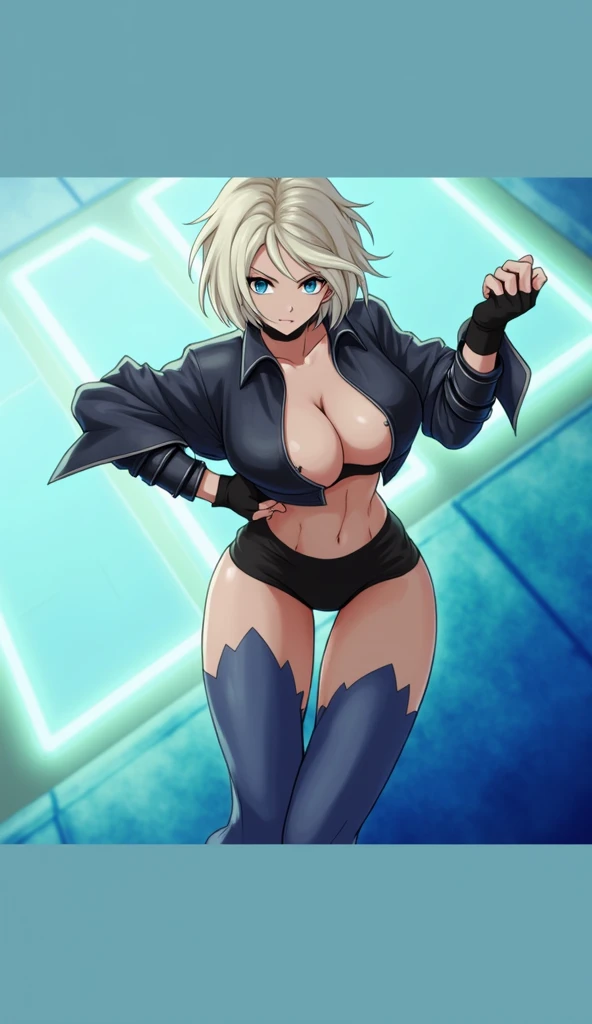 ((Angel from "The King of Fighters)) Create an energetic illustration of Angel, the fierce fighter from 'The King of Fighters.' She stands confidently in a dynamic pose, showcasing her playful yet powerful personality. Angel has short, platinum blonde hair that frames her face, accentuating her striking blue eyes filled with mischief. She wears a stylish black cropped leather jacket, unzipped to reveal her toned midriff, paired with high-cut, form-fitting black shorts that highlight her athletic figure. Long blue thigh-highs add a bold contrast, flowing elegantly as she poses. Her gloves are fingerless, emphasizing her readiness for action. The background features an urban nighttime setting with neon lights, enhancing the vibrant atmosphere. Utilize a modern anime art style with sharp lines and vivid colors, focusing on capturing her confident demeanor and the lively energy of the scene.