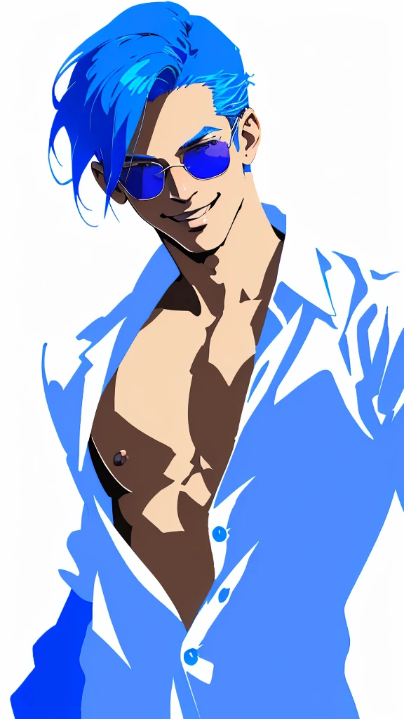 Man with blue hair、Blue suit man、(((Wearing a white open shirt、Smooth hair that reaches down to your back、Eyes showing through sunglasses、Handsome man holding candy and looking at camera while smiling、Hair up to the neck))),Gradient Background