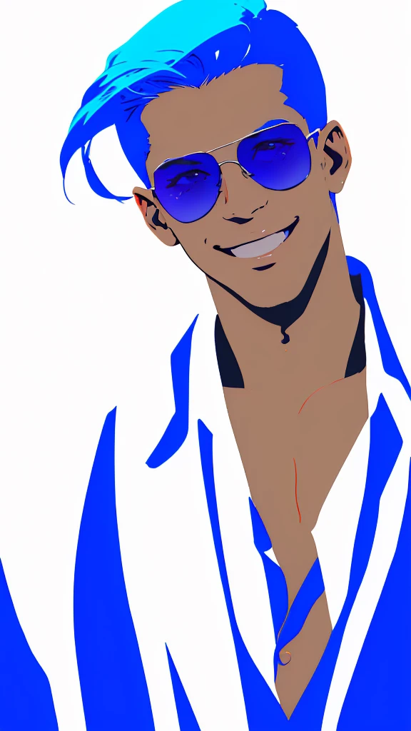 Man with blue hair、Blue suit man、(((Wearing a white open shirt、Smooth hair that reaches down to your back、Eyes showing through sunglasses、Handsome man holding candy and looking at camera while smiling、Hair up to the neck))),Gradient Background