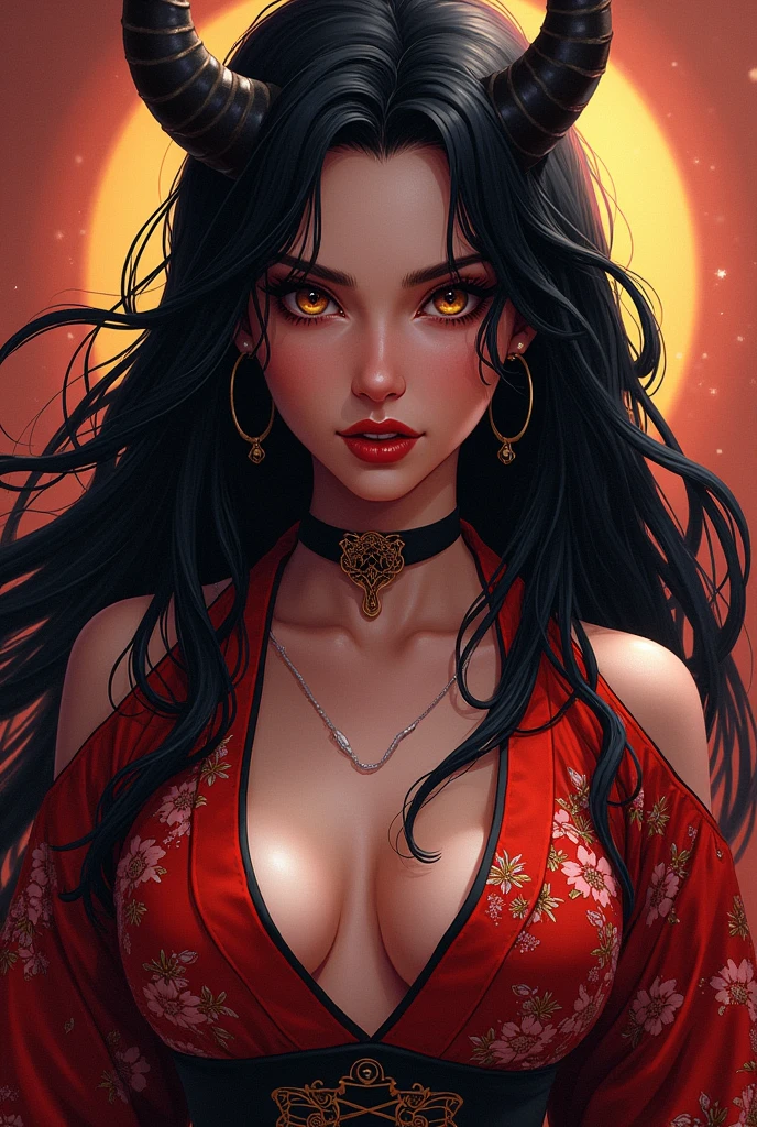 A gorgeous demon female, with long beautiful black hair, Golden Eyes, Use blood magic power, vampire fangs , Flirtatious smile on her face, wearing a kimono that looks like an assassin's outfit , Sexy poses , Comics style
