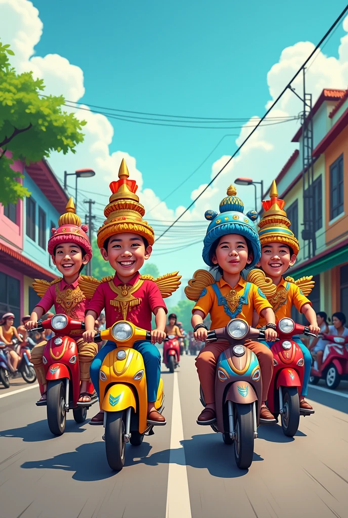 (best quality, cartoon style), (4 cartoon men are in a colorful costume parade), (Midday, on the streets of a small town in Indonesia, Motorized vehicles avoid the parade)