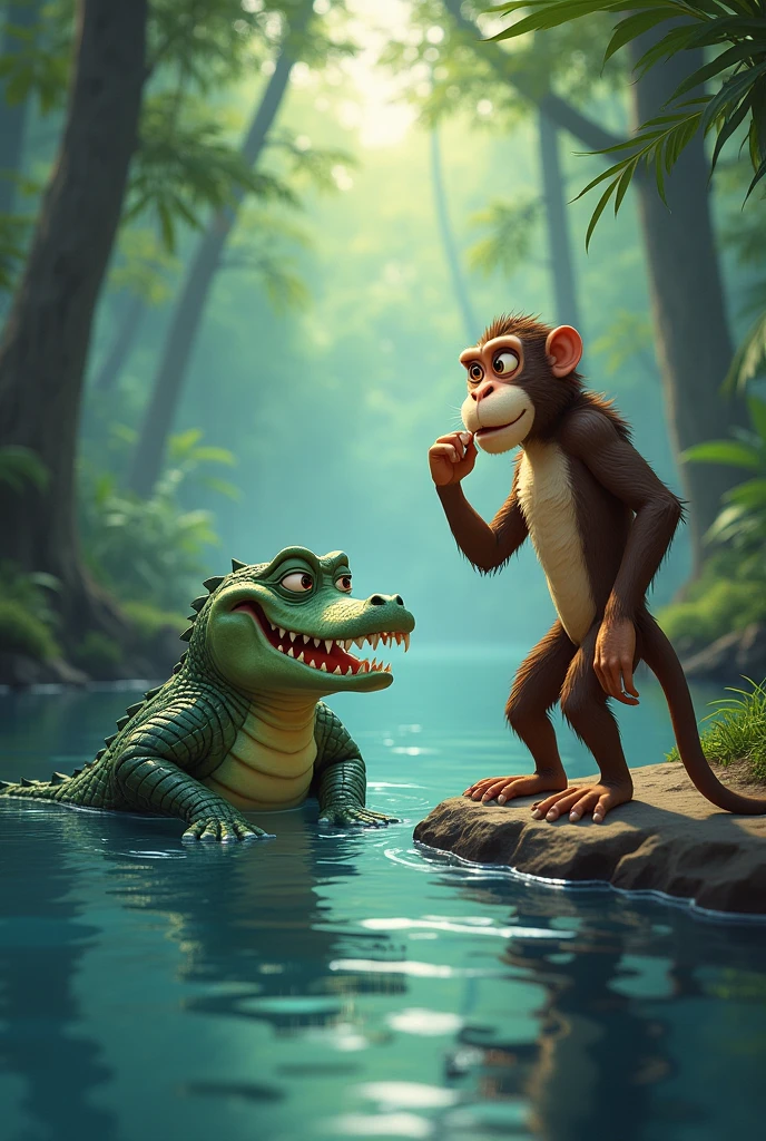 A cunning crocodile partially submerged in the river, inviting a hesitant monkey on the riverbank to join him for a swim. The monkey looks thoughtful, scratching his chin, while the crocodile maintains a persuasive, sly smile. The surrounding forest is peaceful with tall trees and clear water."